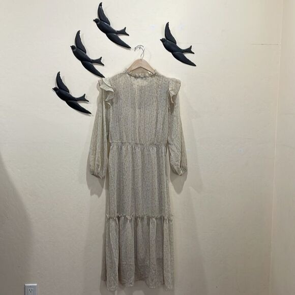 OPT Floral Tiered Ruffle Midi Dress Neutral Gold Prairie BOHO Floral, Size M - Picture 8 of 10